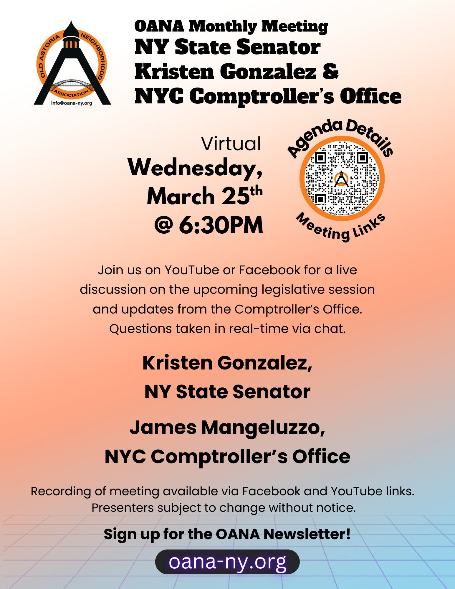 Oana Monthly Meeting: Ny State Senator Kristen Gonzalez & Nyc Comptroller’s Office