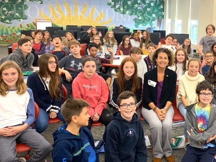 Mendham Township Committee member Amalia Durante visits Mendham Township Middle School to share her heritage and life in the Dominican Republic
