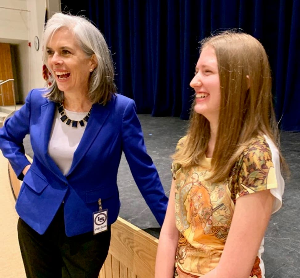 Congresswoman Katherine Clark with student group leader Alyssea Immonen.