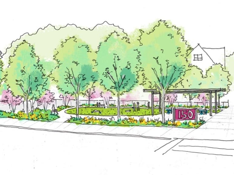 A sketch shows the possibility of a small green space in Framingham's Downtown.