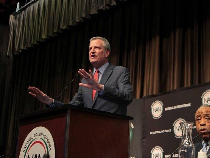 Mayor Bill de Blasio speaks at the National Action Network convention in Manhattan on April 3, 2019.