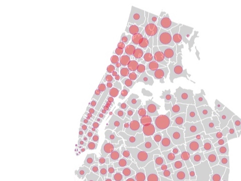 A NYC Health Department map shows the number of coronavirus deaths by zip code. The bigger the circle, the more deaths there are