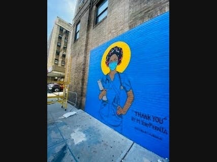 "Enfermera con Rolos," part of a Manhattan artist's series honoring Latina women, says a thank you to those on the coronavirus frontlines.