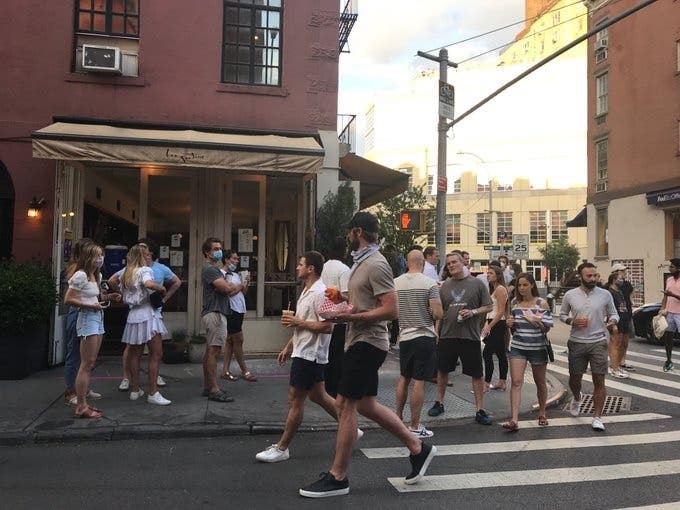 A Manhattan lawmaker is reassessing his plan to let restaurants continue takeout booze after the coronavirus as crowds flock to sidewalks.