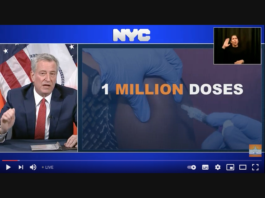 Mayor Bill de Blasio said the "aggressive"goal will come by doubling the vaccination sites across the five boroughs in the New Year.