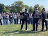 From left, U.S. Army Retired Col. Wayne Kirkpatrick, Ted Makarewicz and Rich Lanute, all of Rolling Thunder Illinois Chapter 2, address the 2021 Thunder Run participants before kick stands up at the James A. Lovell Federal Health Care Center.
