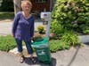 Gail Page, East Woburn resident, brings her bin curbside for Wednesday morning - Woburn's Black Earth Compost pickup day.