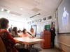 Kori Street, director of programs and operations at USC Shoah Foundation explains the program to Pleasantville High School students as they prepare to ask questions of the interactive biography of Edward Mosberg.