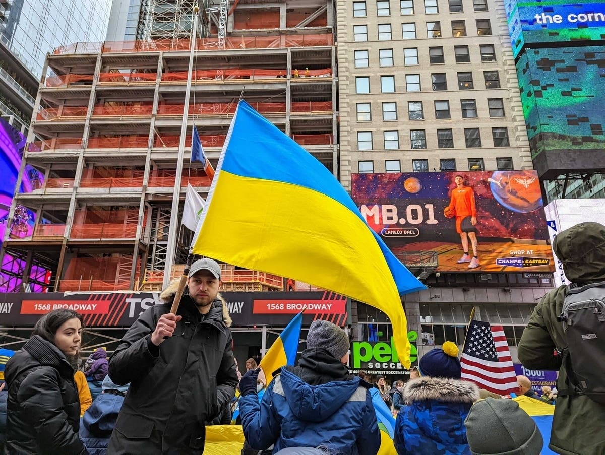 Protestors gather in New York City on Feb. 24 to show support for Ukraine after Russia invaded the nation.