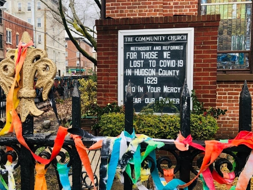 The Community Church in Hoboken displays the death toll in Hudson County due to COVID-19 on Jan. 16, 2021.