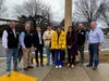 Madison Councilmember John Hoover, Mayor Robert H. Conley, Drew University students Pavlo Goloyadov, Oleksii Vilchynskyi and Daria Yashnyk C’24; Kellie Doucette; Councilmember Eric Range; and Council President Robert Landrigan.