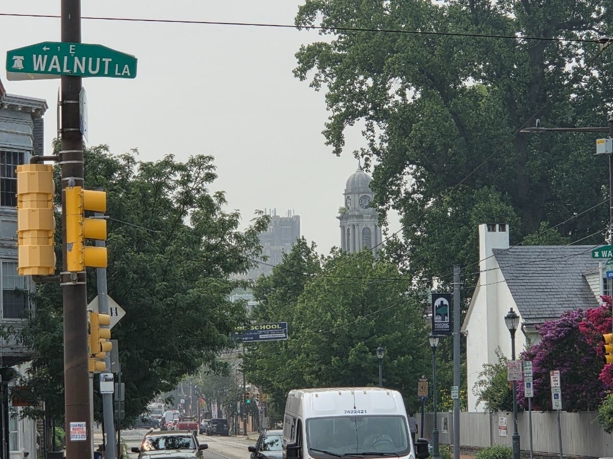 Haze from Canadian wildfire smoke fills Philadelphia's skies Thursday.