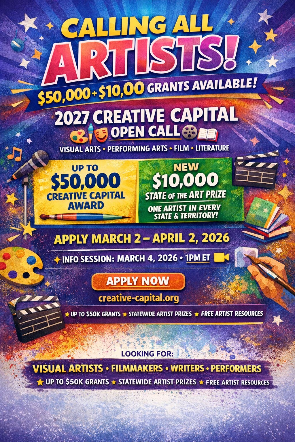 Calling All Artists: Visual Arts- Performing Arts- Film- Writers– $50,000 + $10,000 Grants Available