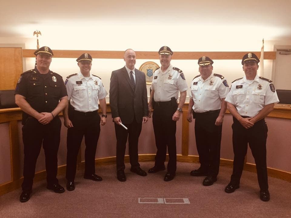 Left to right: Sergeant O’Neill, Lieutenant Morse, Chief Peters, Chief Lee, Major Arnold, Lieutenant Cahoon.