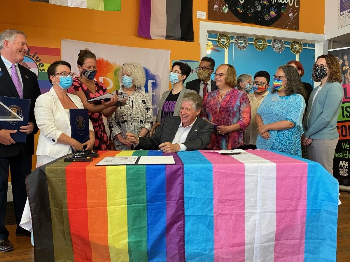 Gov. Dan McKee ceremonially signed the bills into law at Youth Pride Rhode Island in Providence, an organization committed to meeting the needs of Rhode Island’s LGBTQ+ youth and young adults.