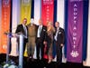 Guest speaker Rabbi Doron Perez on stage with Staff Sgt. Aaron, FIDF Ohio Director Lane Schlessel, Event’s Mc Michelle Makori, and Chapter Chairman and Event Co-Chair Richard Uria at the FIDF Ohio Chapter Annual Dinner. 