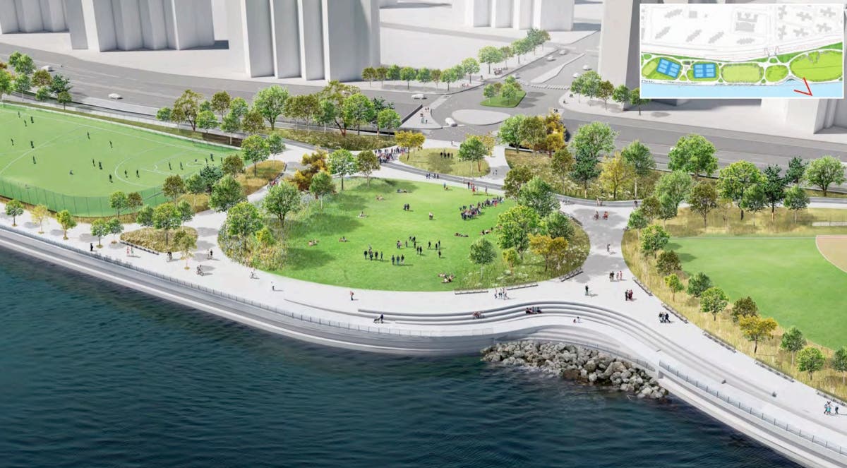 A conceptual design image of the East River Park's resiliency project at East Houston Street.