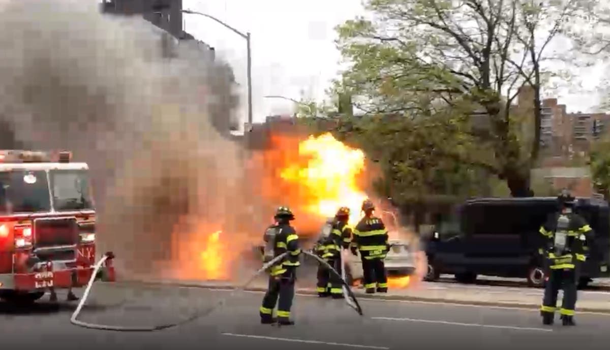 A car caught on fire on College Point Boulevard in Flushing early Thursday, the FDNY said.