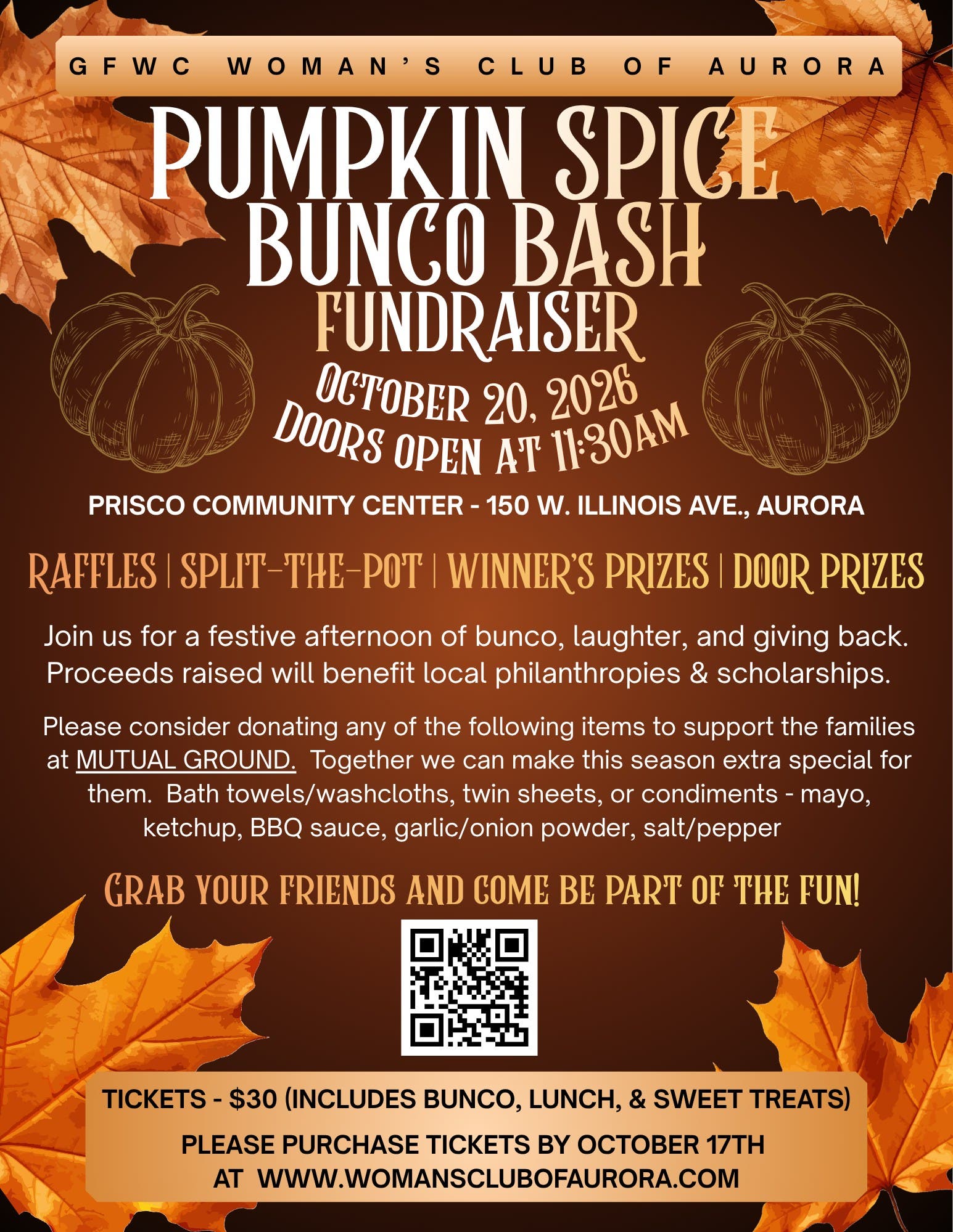 Pumpkin Spice Bunco Bash Fundraiser hosted by GFWC Woman's Club of Aurora