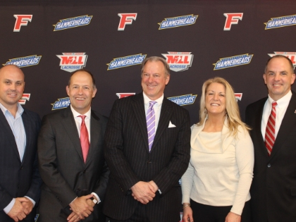 Connecticut Hammerheads President Ian Frenette, Fairfield University President Mark R. Nemec, PhD, Major League Lacrosse Commissioner Sandy Brown, Fairfield First Selectwoman Brenda Kupchick, and Fairfield University Director of Athletics Paul Schlickmann