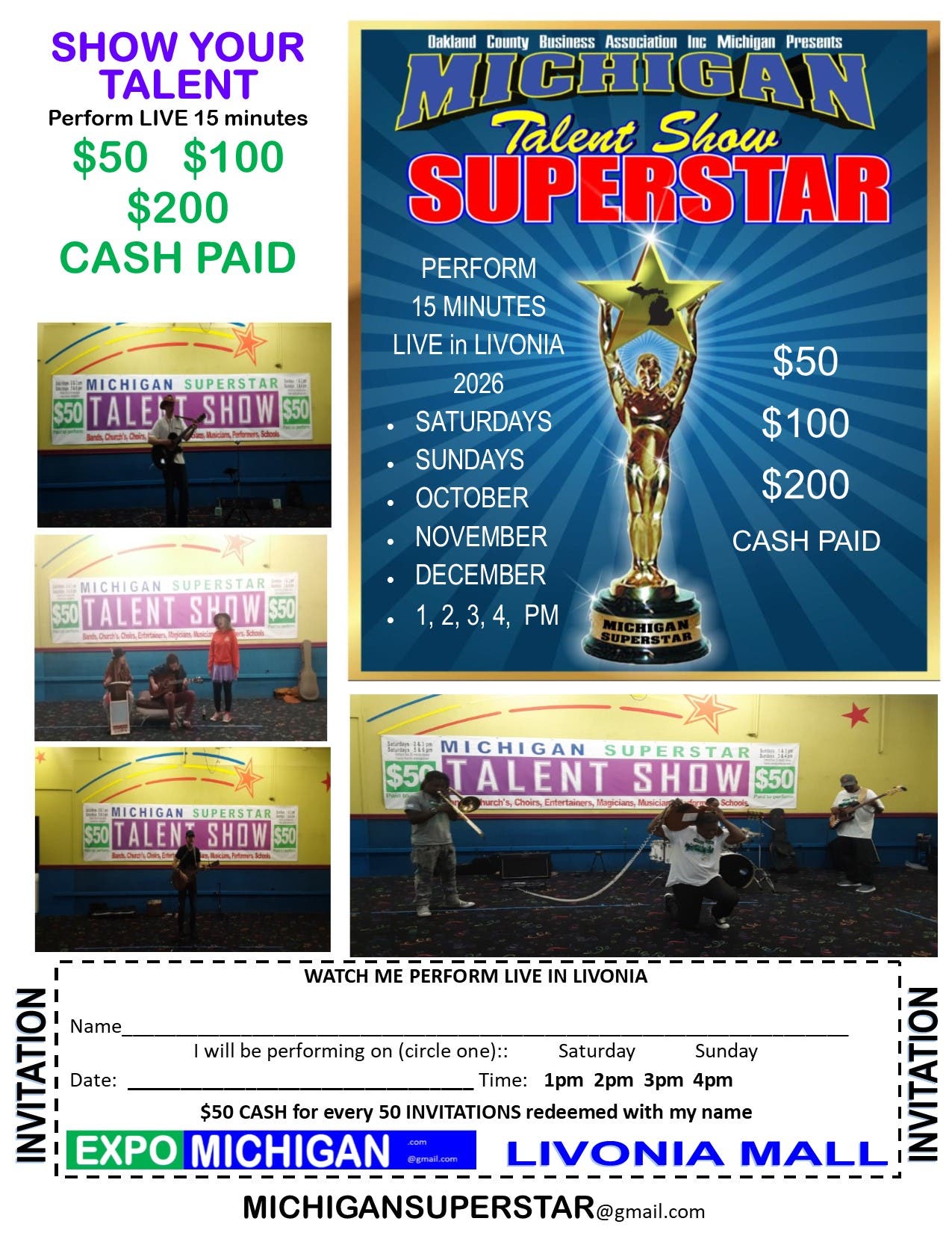 Michigan SUPERSTAR Talent Show perform 15 minutes for $50 cash