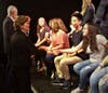 Senator Jeanne Shaheen talks with Nashua North senior Valentina Munoz-Roa after Monday's roundtable on the dangers of vaping at Nashua South High School.