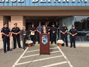 U.S. Sen. Jeanne Shaheen holds speaks at a press conference at the Merrimack Police Department to announce federal funding to battle heroin epidemic.