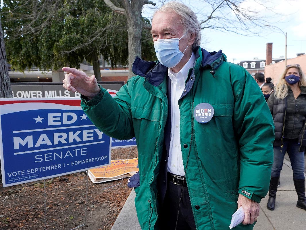 Sen. Edward Markey addresses supporters during a campaign stop on Election Day Tuesday in Boston.