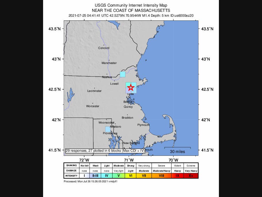 The U.S. Geological Survey said a very small earthquake was centered in Peabody early Sunday morning.
