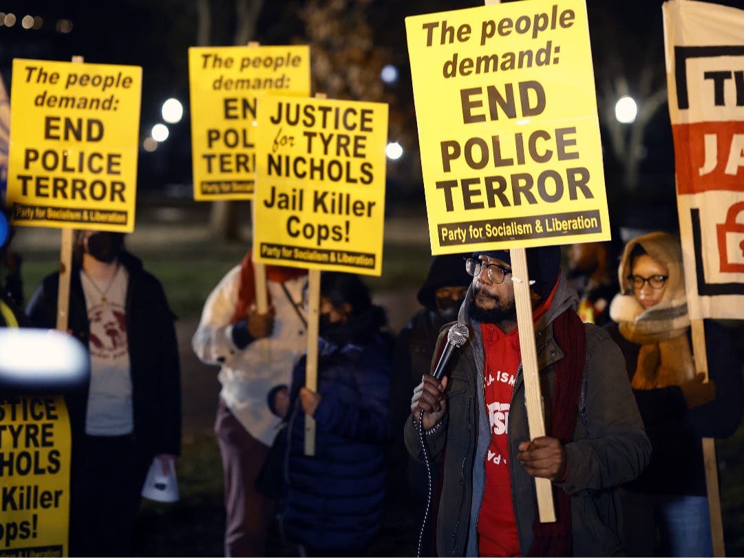 Demonstrators participate in a protest against the police killing of Tyre Nichols on January 27, 2023, in Washington, DC. Tyre Nichols, a 29-year-old Black man, died three days after being severely beaten by five Memphis Police Department officers.