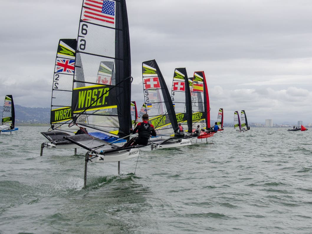 WASZP sailors at the start line of the 2022 WASZP USA Americas Regatta in San Francisco Bay.