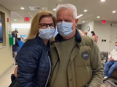 Essex Tech Superintendent Heidi Riccio, left, and masonry instructor David Collins, at Massachusetts General Hospital prior to their kidney transplant surgeries on Feb. 21.