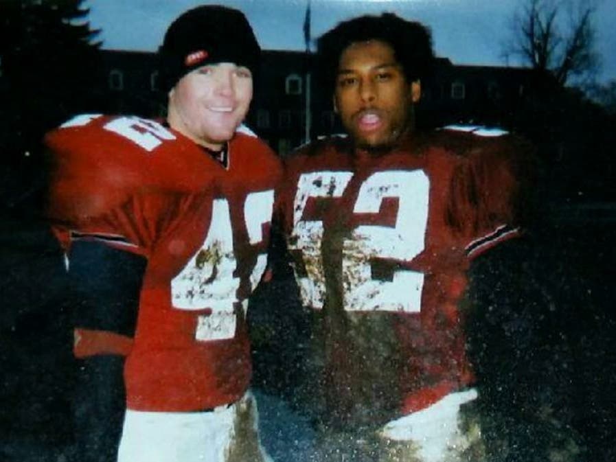An endowed football scholarship is being set up at East Stroudsburg University where late Peabody police officer Henry Breckenridge, shown here with friend and teammate Dan Gale, was once a star linebacker.