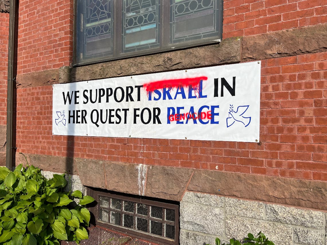 A banner supporting Israel's quest for peace at Wesley United Methodist Church was vandalized last week.