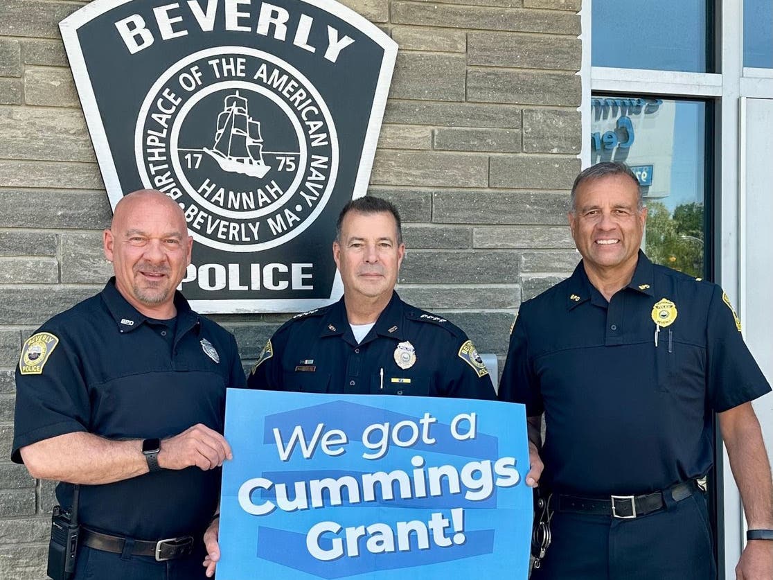 The Beverly Police Department is receiving a $100,000 grant from the Cummings Foundation to fund the creation of an officer health and wellness program. From left are Officer Samuel "Ted" Lane, Chief John LeLacheur, and Lt. Mark Panjwani.