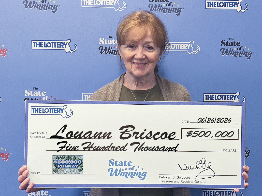 Louann Briscoe of Groveland is the winner of a  $500,000 top prize in the Massachusetts State Lottery's "$500,000  Frenzy" instant ticket game.