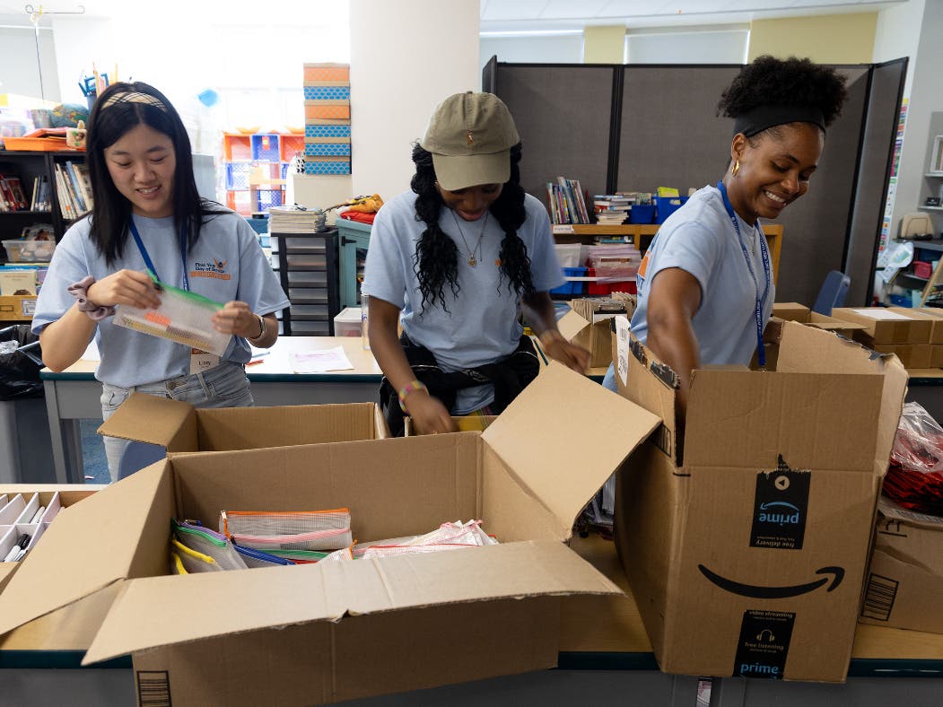 Salem State University first-year students helped sort supplies at the Sarah Remond School in Salem on Friday as part of the school's annual First Year Day of Service.