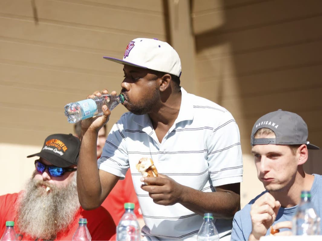 Robert McGee of Rockaway, New York, won the 8th annual Topsfield Fair Hot Dog Eating Contest on Saturday.
