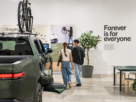 The showroom is designed as an interactive retail space where visitors can explore Rivian's lineup of all-electric vehicles and learn about the brand's technology, features and ownership experience.