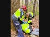 Woodbury Fire Captain Corey Shaker is mock victim in forest fall, supposedly suffering head injury and broken leg in rescue drill Saturday April 25th, 2026 with Woodbury Ambulance Association.