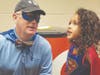 Superintendent Brian Hightower, in his ‘Captain Bowtie’ disguise speaks with Sixes ES student Bella Gusmao.