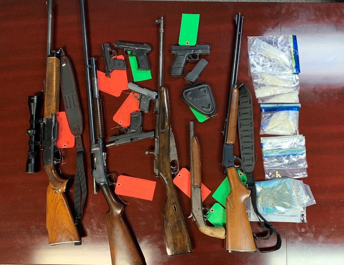 Pickens County officers recovered seven stolen guns, small amounts of marijuana and pills and about seven ounces of suspected methamphetamine.
