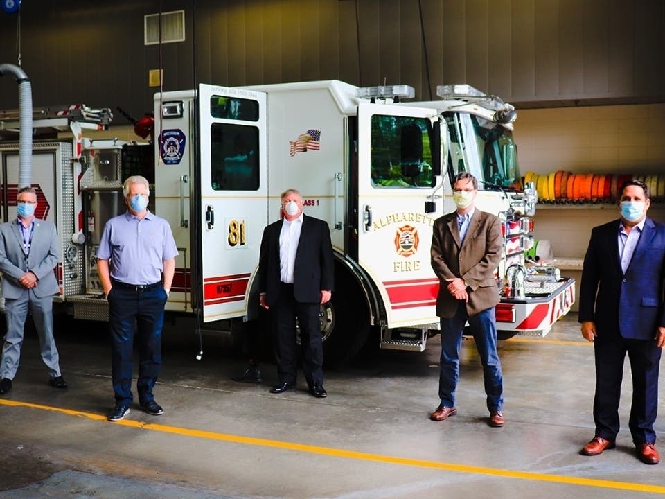 From left, John Robison, Alpharetta Director of Public Safety; City Council Member John Hipes; Mayor Jim Gilvin; Jon-Paul Croom president of WellStar North Fulton Hospital, Mayor Pro Tem Donald Mitchell.