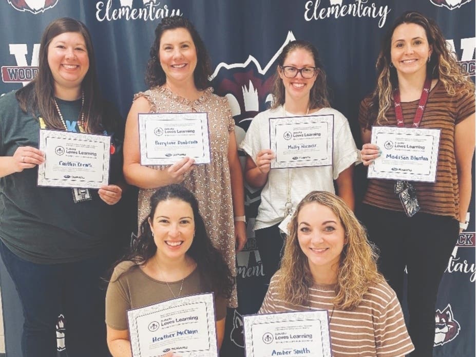 Woodstock ES teachers who will benefit from the grant include, from left to right, front row: Heather McClain, Amber Smith; back row: Caitlin Crews, PerryLove Doubrava, Molly Niemeir, Madison Blanton.