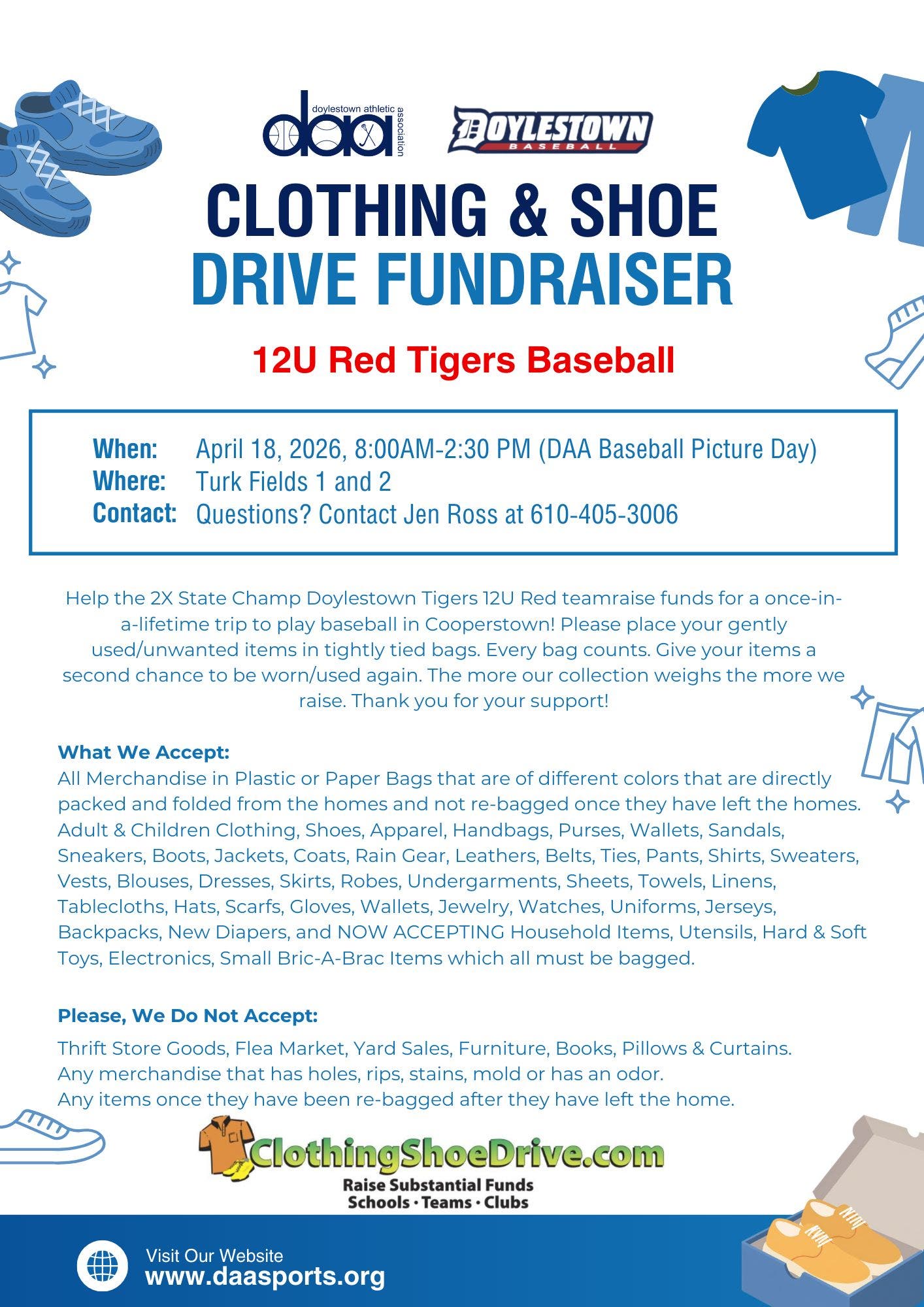 12U Red Tigers Baseball Clothing & Shoe Drive Fundraiser