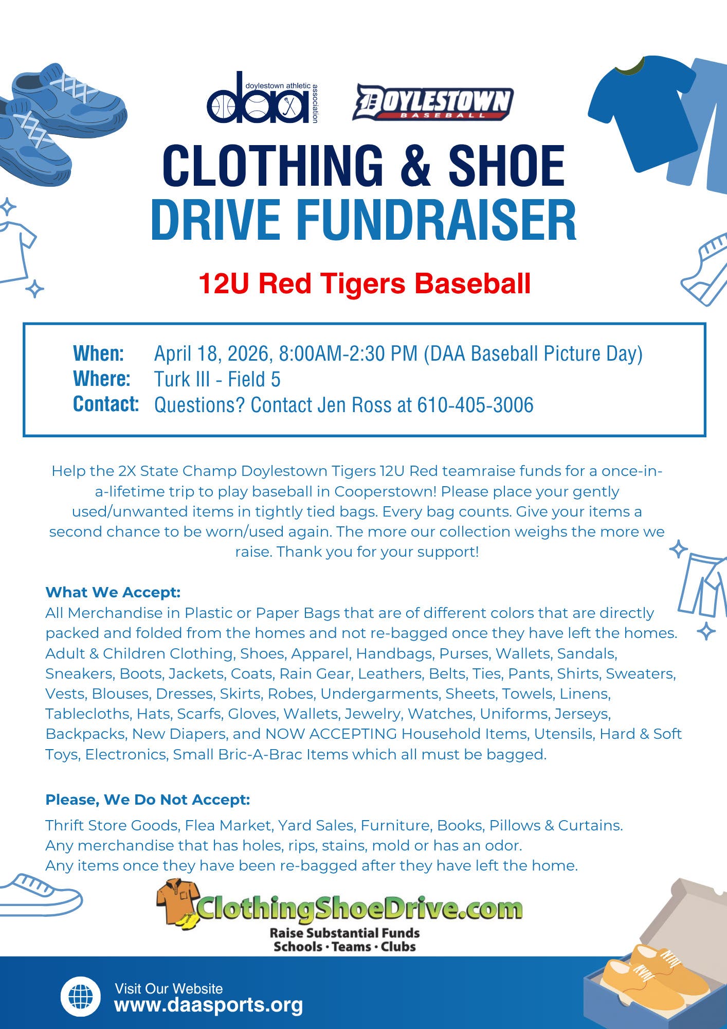 12U Red Tigers Baseball Clothing & Shoe Drive Fundraiser
