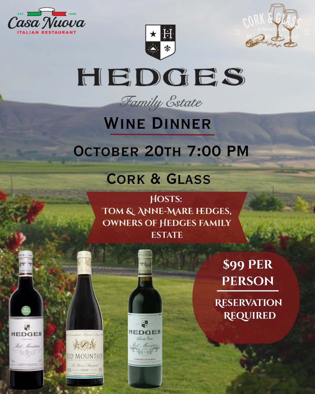 An Exclusive Wine Dinner with the Hedges Family Estate Owners at Cork & Glass
