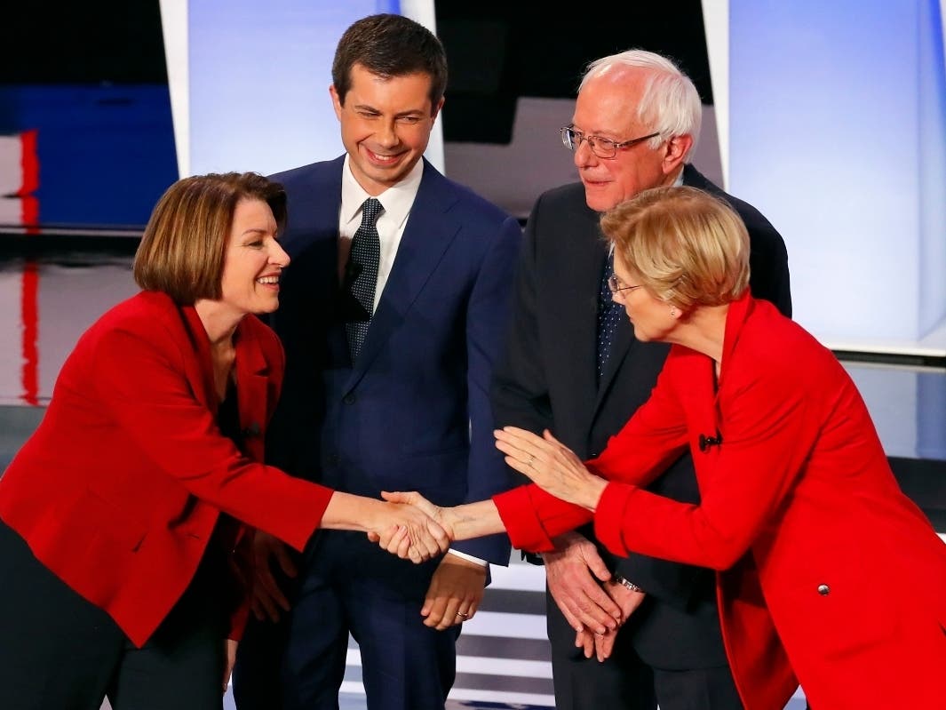 Sen. Amy Klobuchar (from left) (D-MN), South Bend Mayor Pete Buttigieg, Sen. Bernie Sanders (I-VT) and Sen. Elizabeth Warren (D-MA) are shown July 30.