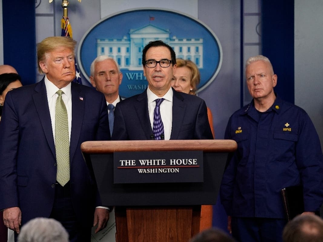 Treasury Secretary Steven Mnuchin speaks during a news briefing Tuesday with the coronavirus task force at the White House.