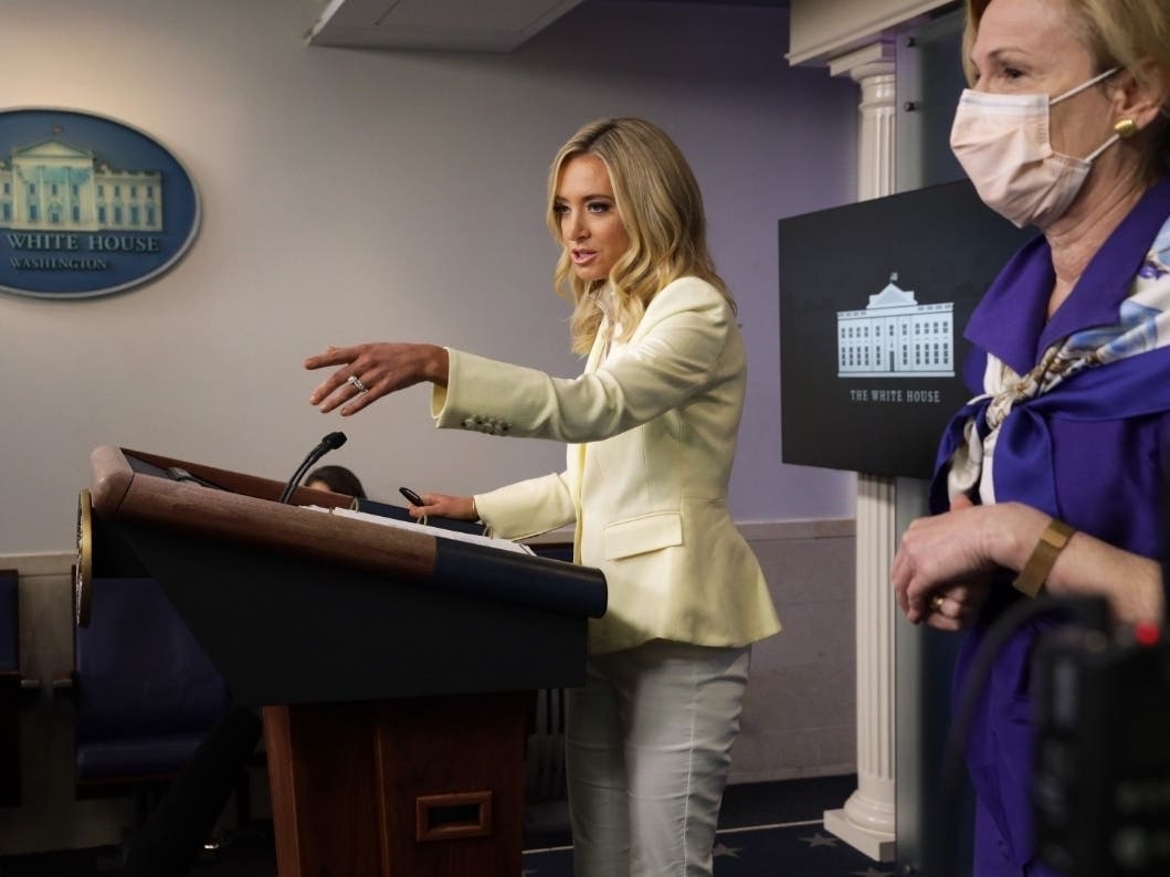 White House Press Secretary Kayleigh McEnany takes questions during a news briefing in the White House. 